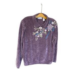 Vintage Alfred Dunner Purple Chenille Sweater Floral Embroidered Collared L